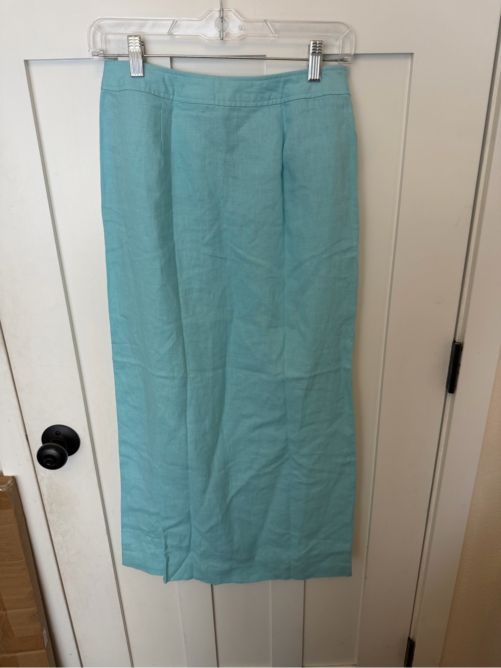 Vintage 100% linen J.G. Hook midi skirt teal blue size 4 straight aline